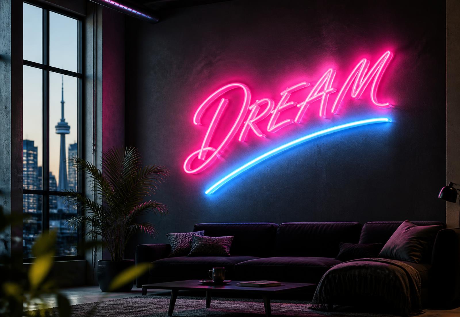 Pink Dream script neon sign glowing on a dark loft wall with a Canadian city skyline behind